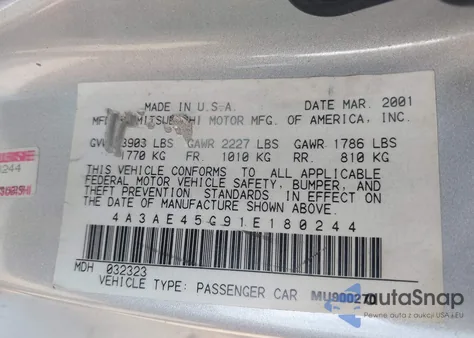 2001 Mitsubishi Eclipse Spyder Gs из США, поврежденный, VIN 4A3AE45G91E180244